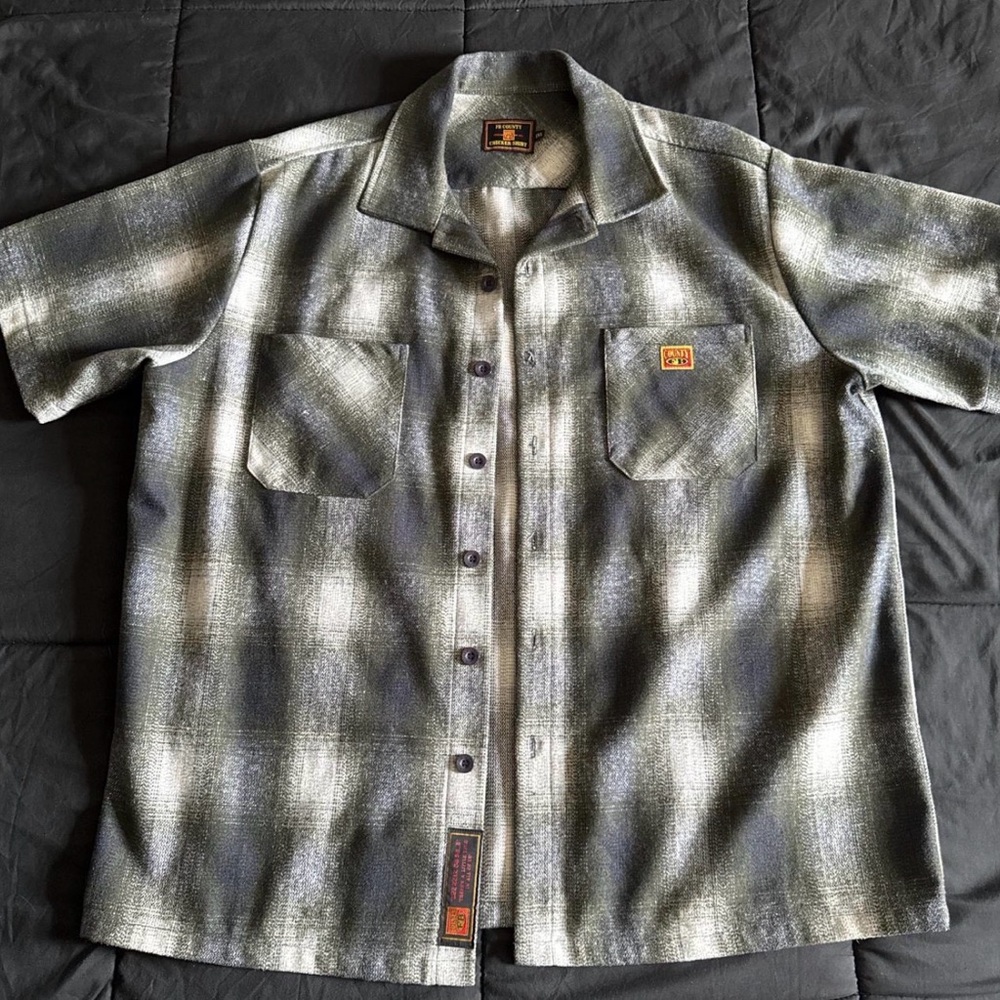XL FB County short sleeve button up. Olive, green, gray and navy blue mix.